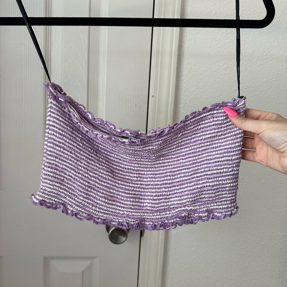 Purple & white striped ruffle tube top